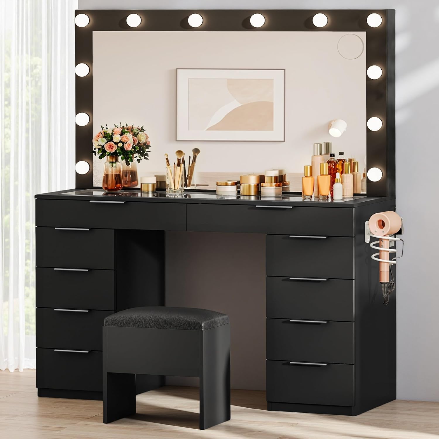DWVO 46'' Glass Top Vanity Desk with 10 Drawers, Makeup Vanity Set with with Large Mirror and 12 LED Lights, Dressing Table with Charging Station & Storage Chair, 3-Color Light Modes, Black