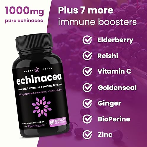 Miniatura 4 de NutraChamps Echinacea Capsules 1000mg - Suplemento de apoyo inmunológico 8 en 1 - Equinácea Goldenseal, vitamina C, zinc, jengibre, saúco - 60