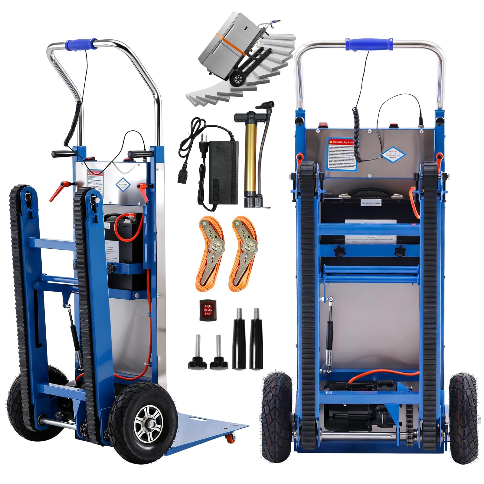 Carretilla eléctrica 1250 W con cadenas de goma, 900 libras de carga, escaleras y descensos, cuerda de seguridad y bomba de aire