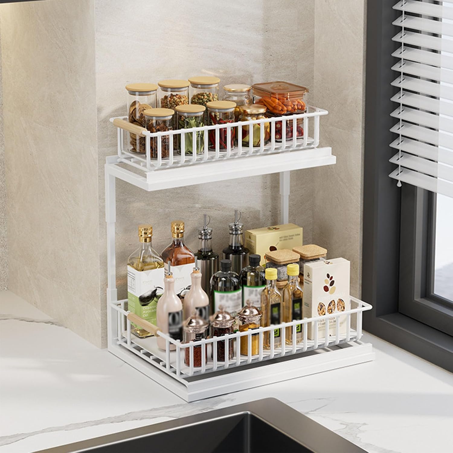 2 Tier Under Sink Organizer,Stainless Steel Sink Organizer and Storage with Sliding Drawer,Cabinet Organizer Shelf for Kitchen Bathroom Laundry(11.81 * 15.98 * 14.29in, A)
