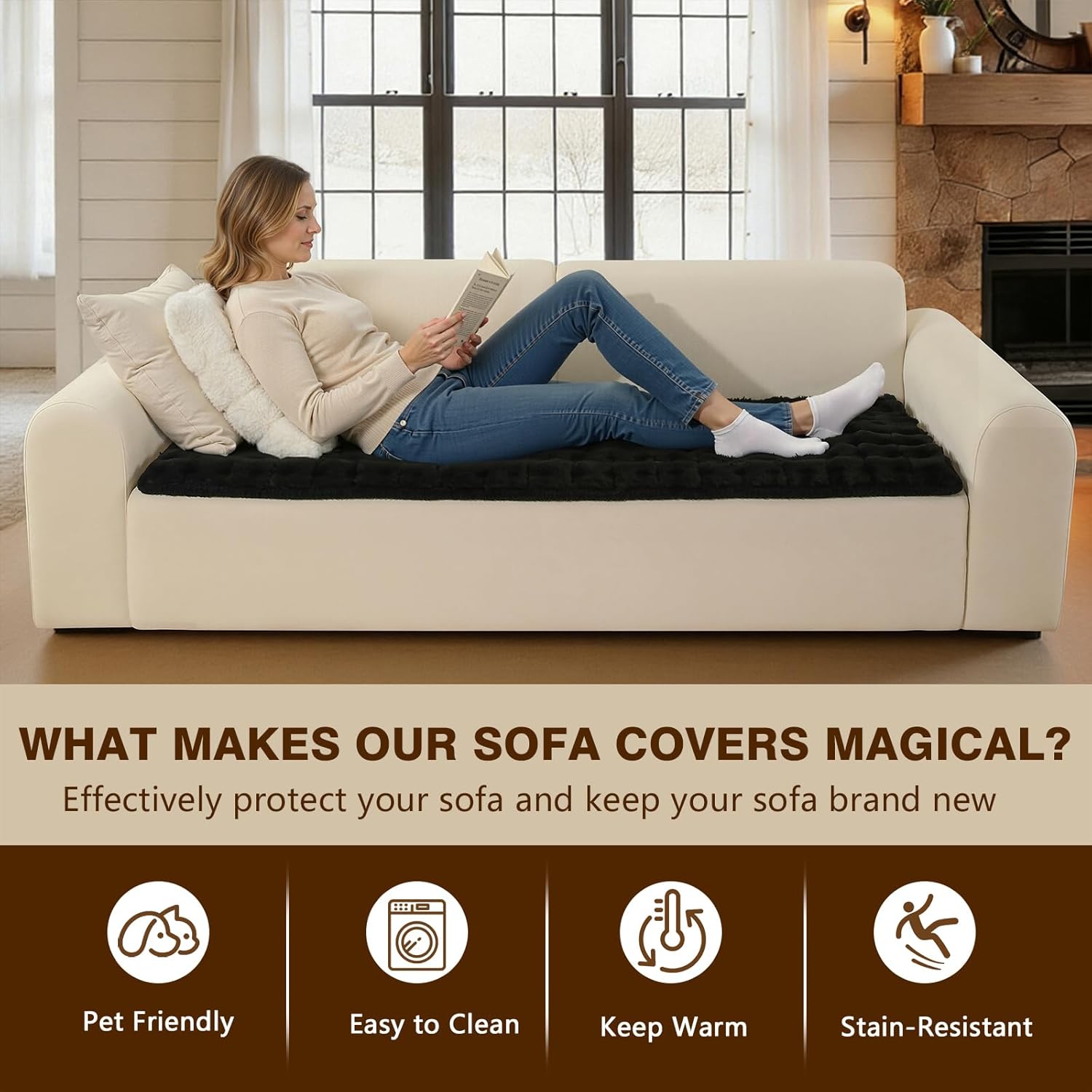 Couch Cover for Pets Plush, Non Slip Cozy Sofa Cover Pet Friendly, Soft Thick Fuzzy Sofa Slipcovers for 3 Cushions Washable Couch Sofa Funiture Protector(Black,27.6'' x 63'')