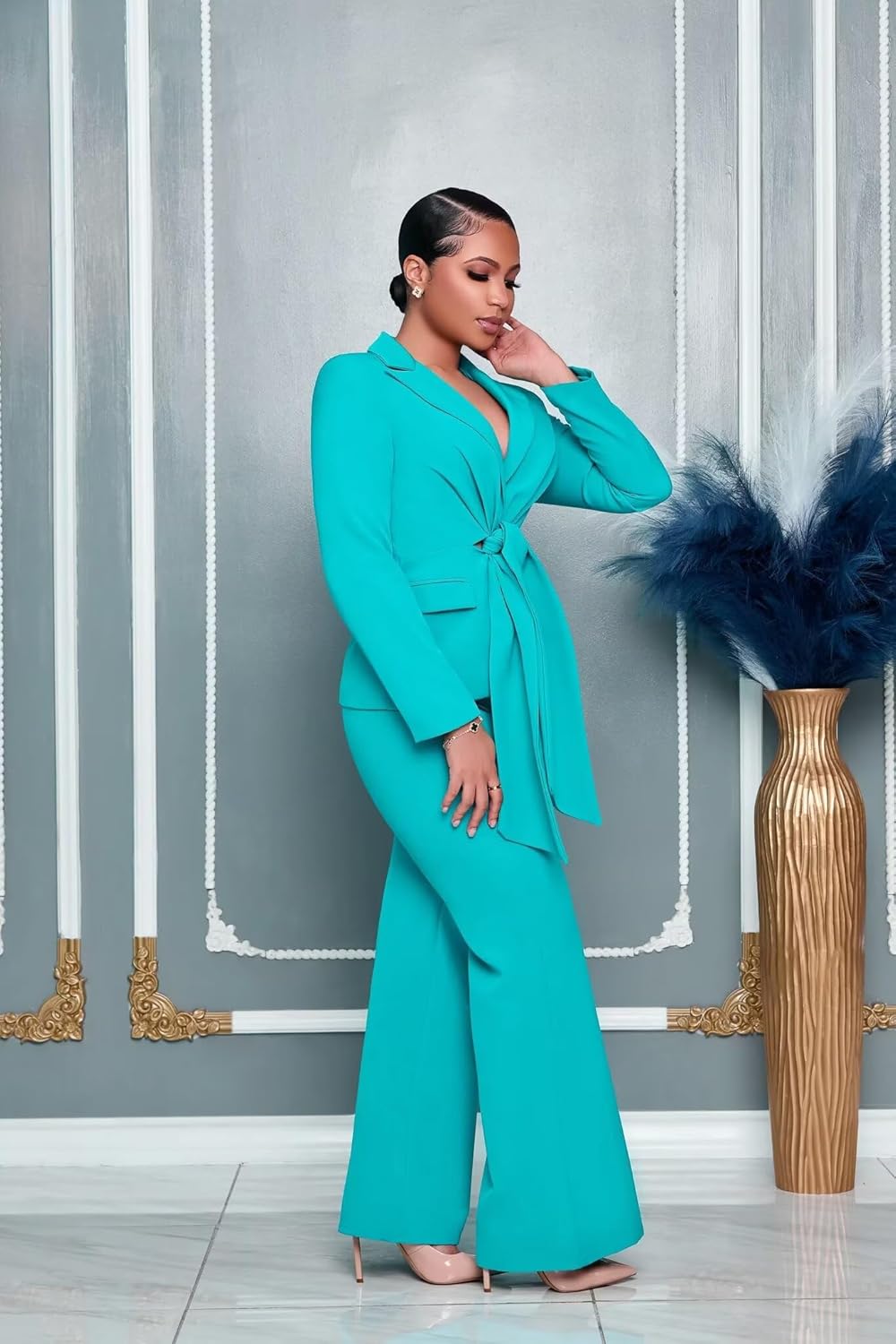 Womens Suits 2 Piece Set Business Casual Work Outfits Office Long Sleeve Tie Waist Blazer and Pants Sets - Image 3