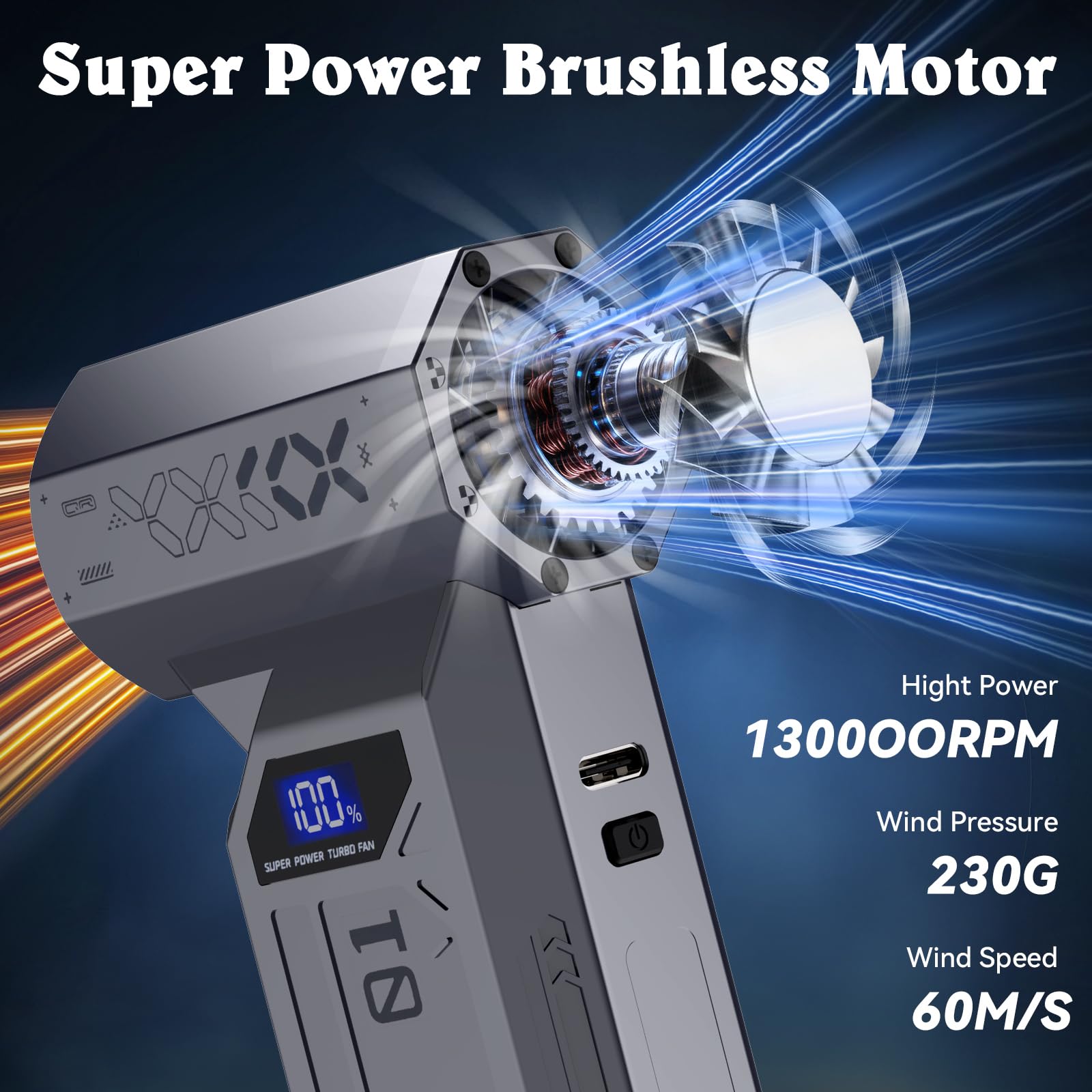 Soffiatore Aria Compressa, 130000giri/min/140W, 230g di Pressione del Vento,4 Impostazioni di Velocità, Quattro Bocchini,Display LED, per la Pulizia di Computer, Tastiere, Automobili e Divani