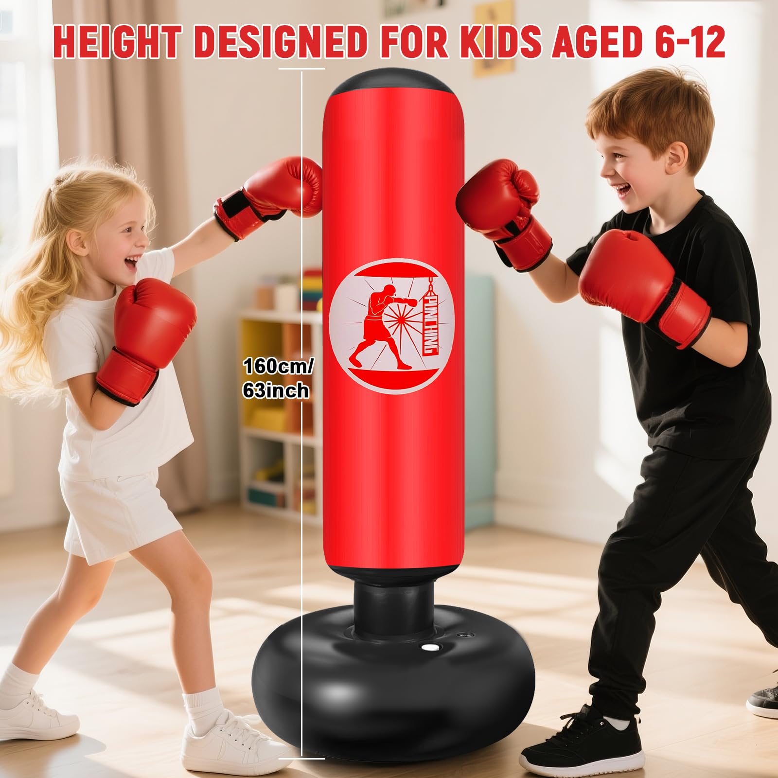 Qoosea Saco de Boxeo Niños 160cm con Bomba de Aire y Guantes, Bolsa de Boxeo Inflable Estable para Karate Kickboxing MMA