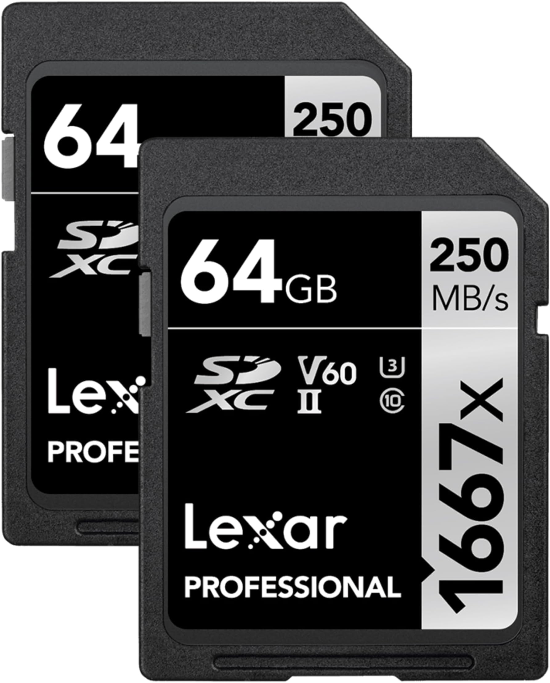 64GB (2-Pack) Professional 1667x SD Card, UHS-II, C10, U3, V60, Full HD, 4K, Up To 250MB/s Read SDXC Memory Card, for Professional Photographer, Videographer, Enthusiast (LSD64GCBNA16672)
