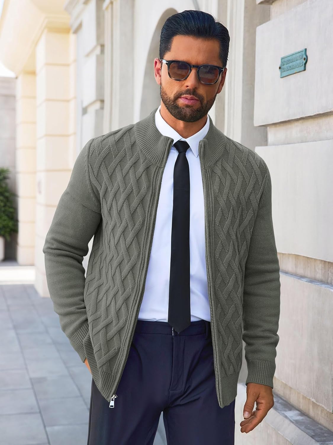 Yousify Mens Cardigan Sweater Full Zip Cable Knitted Stand Collar Cardigan Casual Long Sleeve Sweaters - Image 3