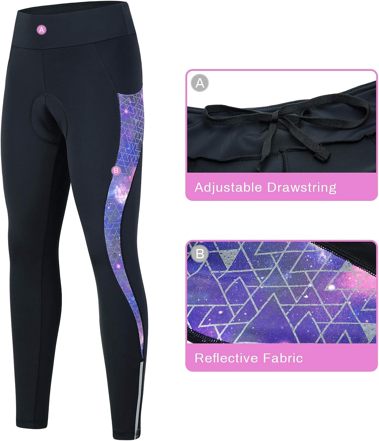 Women's Cycling Pants Padded Compression Bike Cycling Tights Long Bicycle Pants Wide Waistband with Pockets(Purple,XL) - Image 5