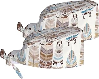 Women Adjustable Working Cap Set 2 with Buttons and Sweatband Tribal Ethnic Vintage Feathers Bandage Cap Work Hats Set for Men Caps Tie Back Hats Long Hair