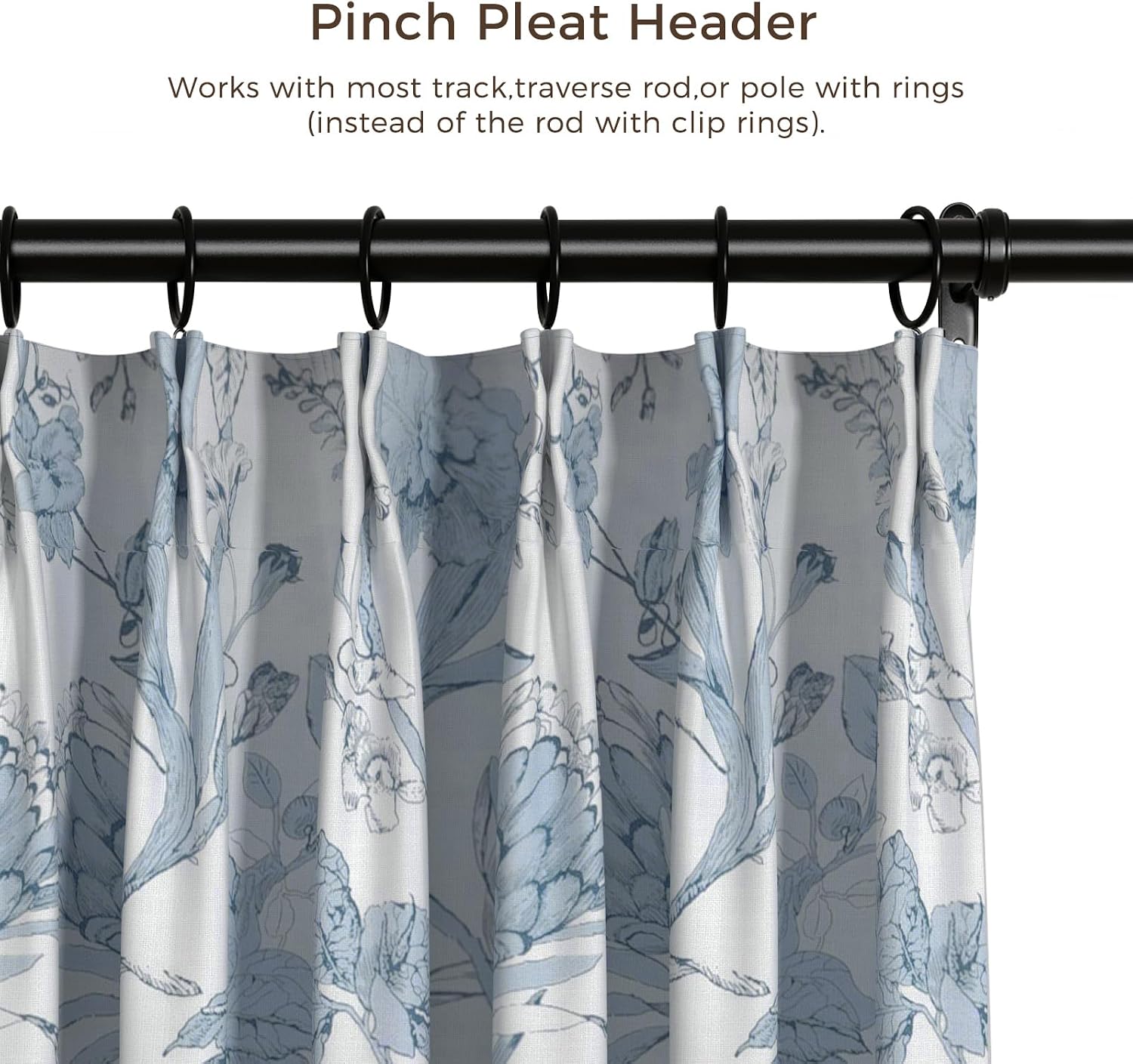 TWOPAGES Farmhouse Floral Print Curtain with Pinch Pleated Header Privacy Liner- Room Darkening 96 Inches Long Window Drapes for Living Room, Bedroom (1 Panel,72Wx96L,Altair)