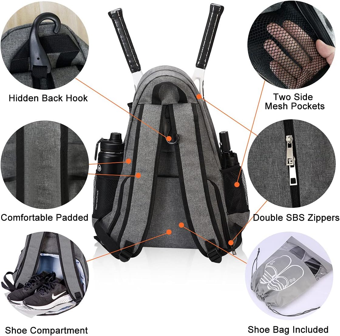 shiningwaner Tennis Bags Tennis Backpack with Shoe Compartment Shoe Bag for Men and Women, Holding Tennis/Badminton/Squash Racket, Pickleball Paddles and Other Accessories, Grey : Sports & Outdoors