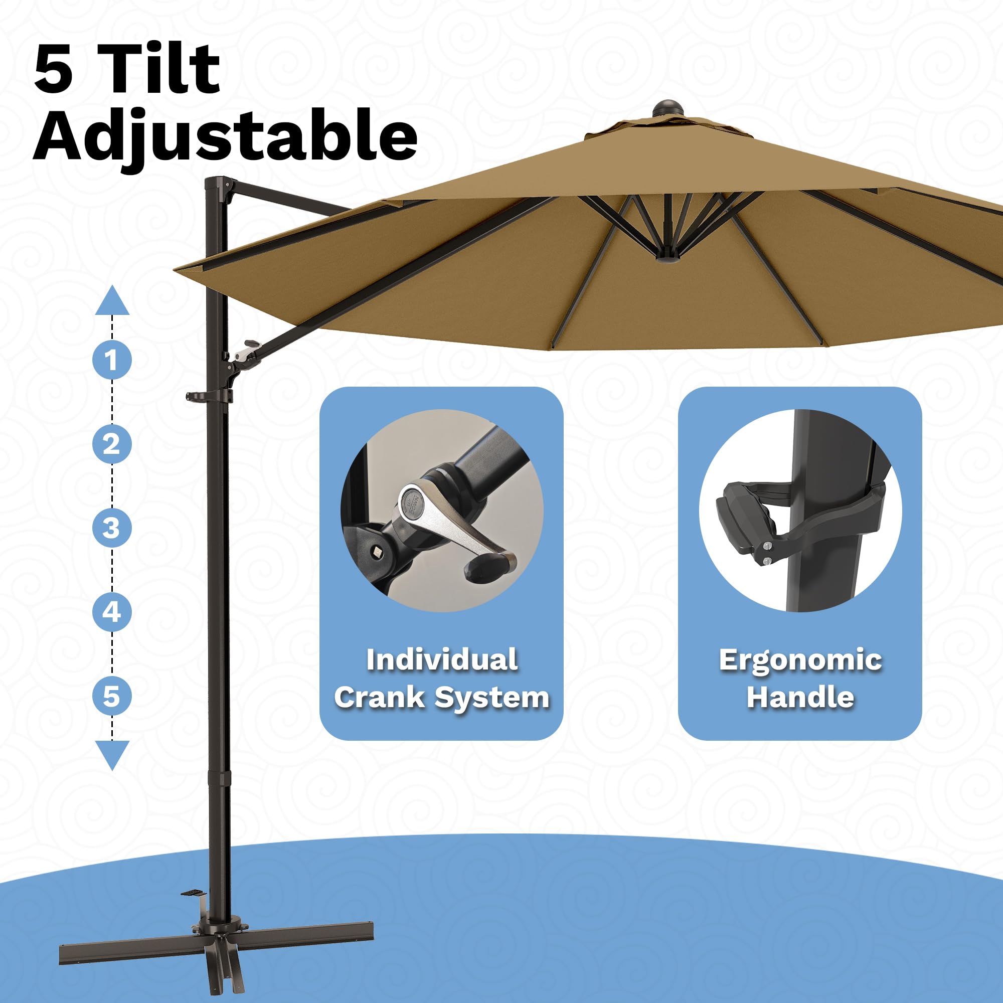 Devoko 10ft Cantilever Patio Umbrella, Round Large Outdoor Umbrella with 360-Degree Rotation, Hanging Offset Market Sun Umbrella, Easy Tilt and Heavy-Duty Frame, for Patio Backyard Garden, Brown