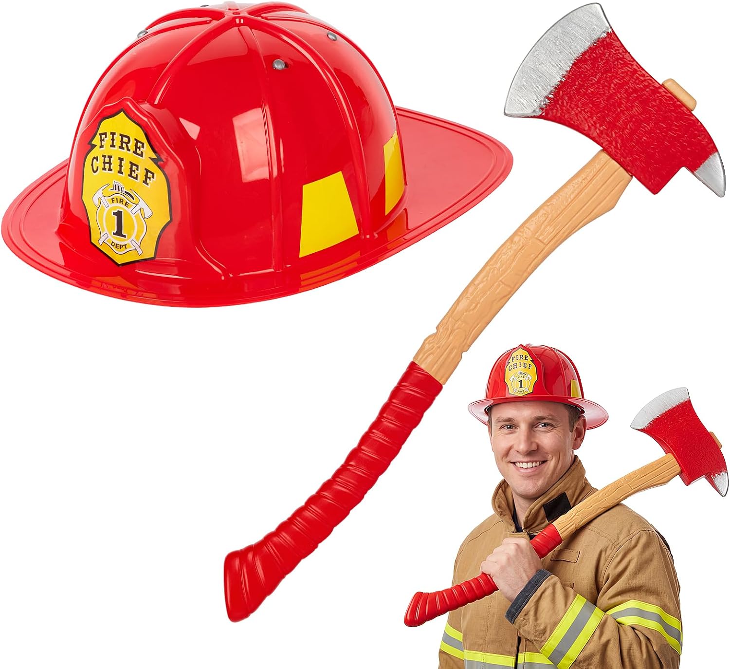2PCS Firefighter Helmet Adult Set with Fireman Hat and Axe,Halloween Firefighter Costume Accessories for Men Women Cosplay Party