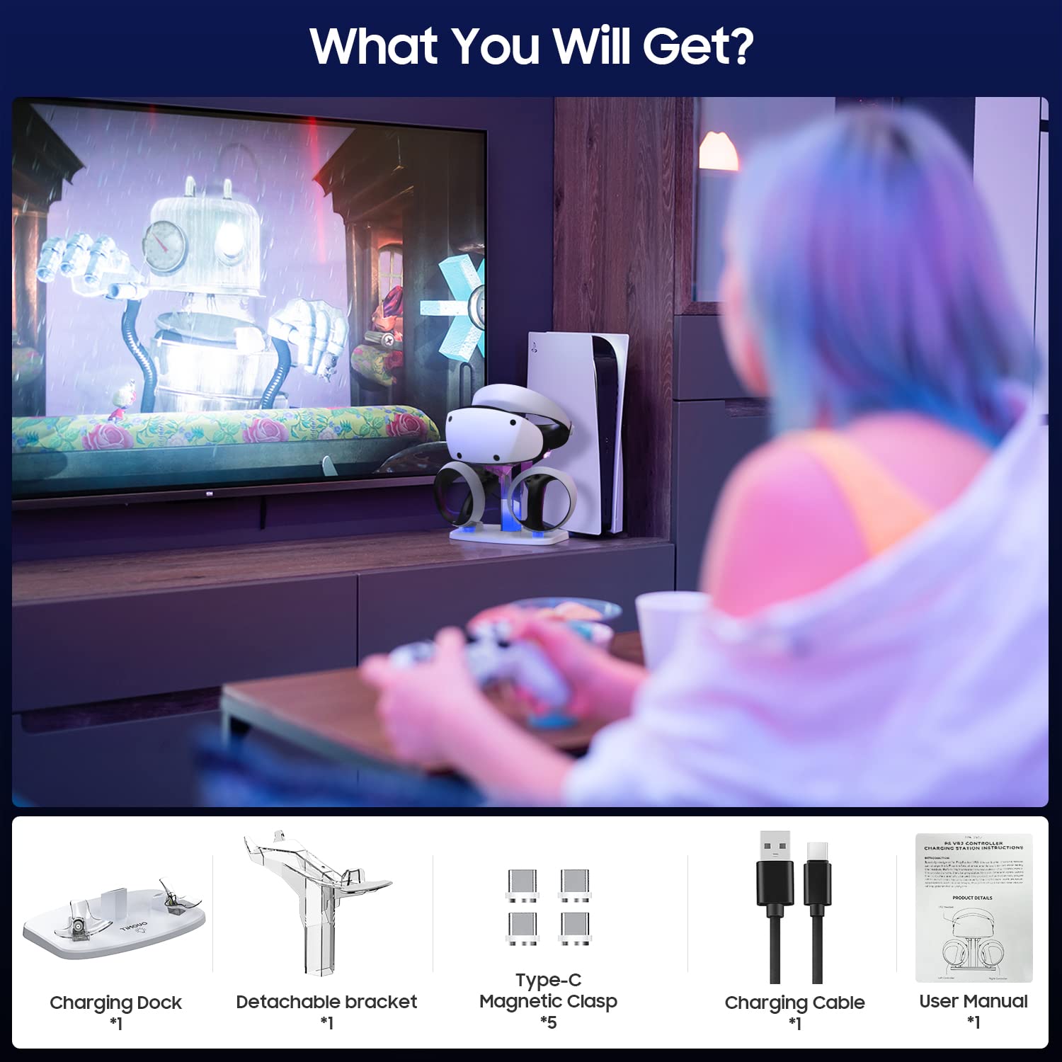 TiMOVO PS VR2 Estación de Carga del Controlador, Cargador Mandos VR2 PS5, Soporte de Cargar Carga Magnética con Soporte para PS VR2 Gafas, LED Luz, Protección de Sobrecarga, Blanco y Transparente