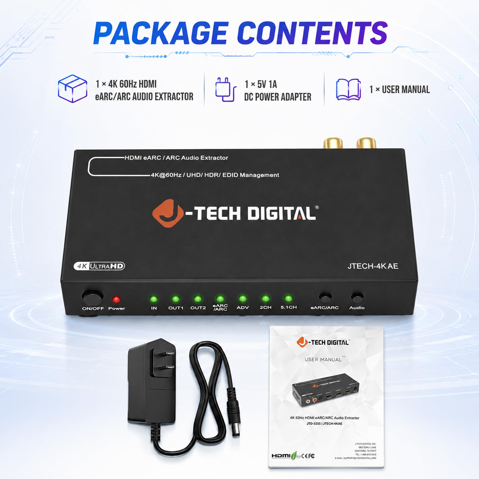 J-Tech Digital Extractor de audio HDMI eARC/ARC 4K, 4K 60Hz HDMI a óptico + convertidor RCA L/R, convertidor de audio digital a analógico DAC para consolas de juegos HDTV, portátiles, Blu-Ray [JTECH
