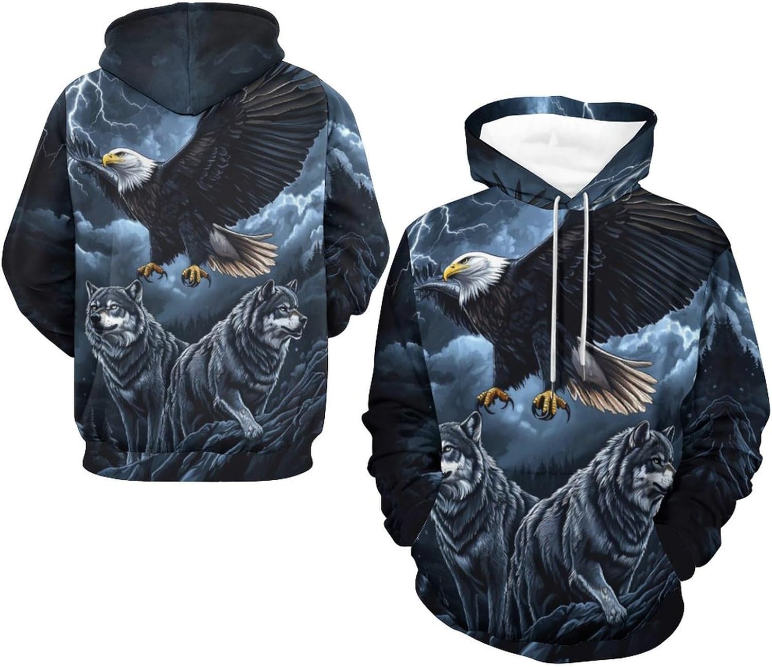 Men's 3d Print Wolf And Bald Eagle Graphic Hoodie Animal Themed Sweatshirt - Image 5