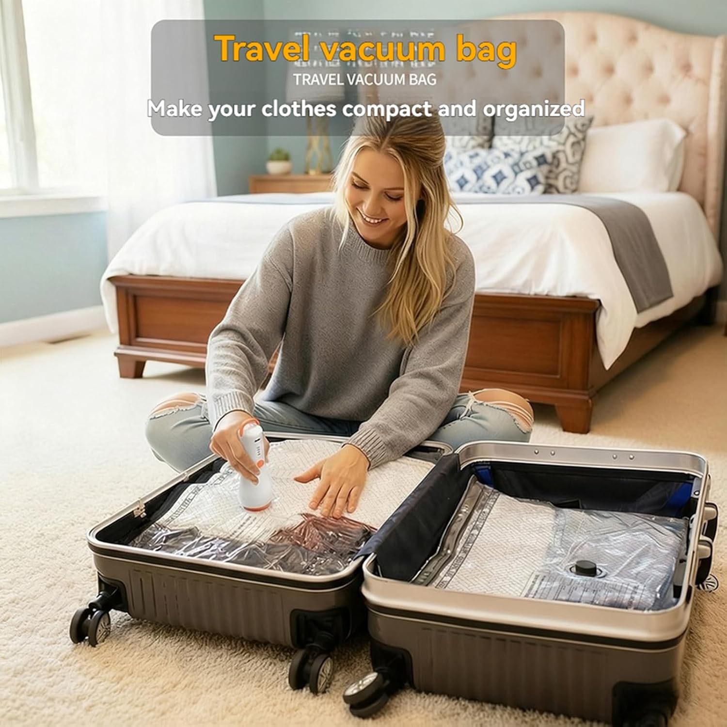 LICHIFIT Vacuum Compression Bag Transparent Space Saving Storage Bags L/M/S for Travel and Home Storage Clothes Blankets Vacuum Seal Bag with Rechargeable Wireless Electric Pump