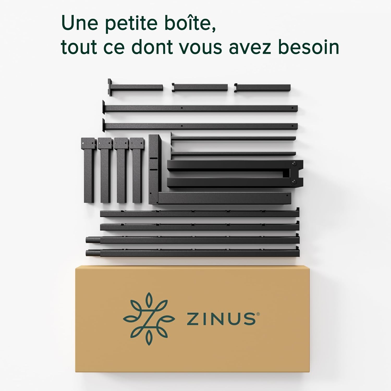 All Zinus Elias bed frame components laid out from a single box