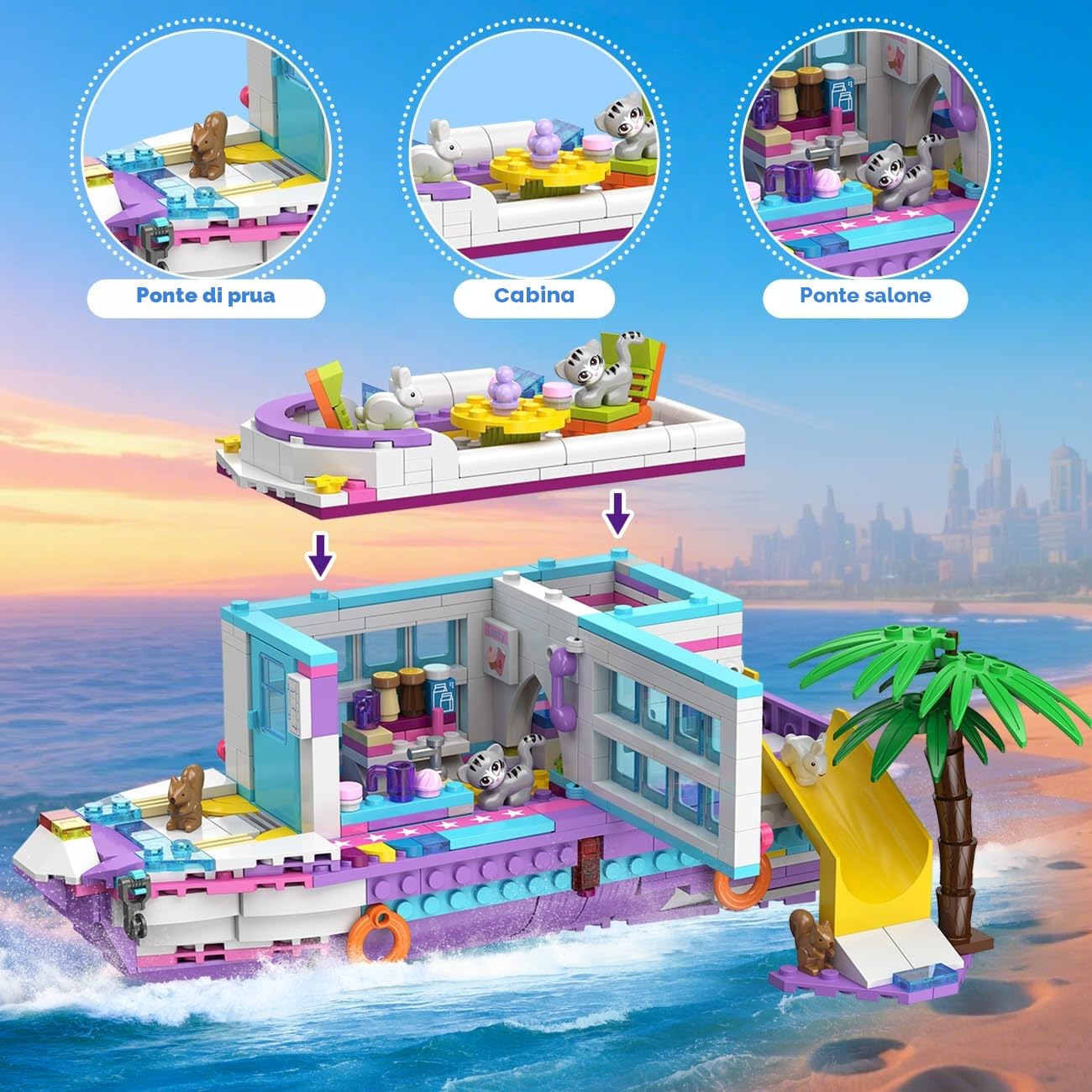 HOGOKIDS 3 in 1 Friends Aereo Giocattolo da Costruire - 808pcs Set di Costruzioni per Aereo/Barca/Camper con 6 Mini Animali Carini, Scivolo e Adesivi, Regali per Bambini Ragazzi Ragazze