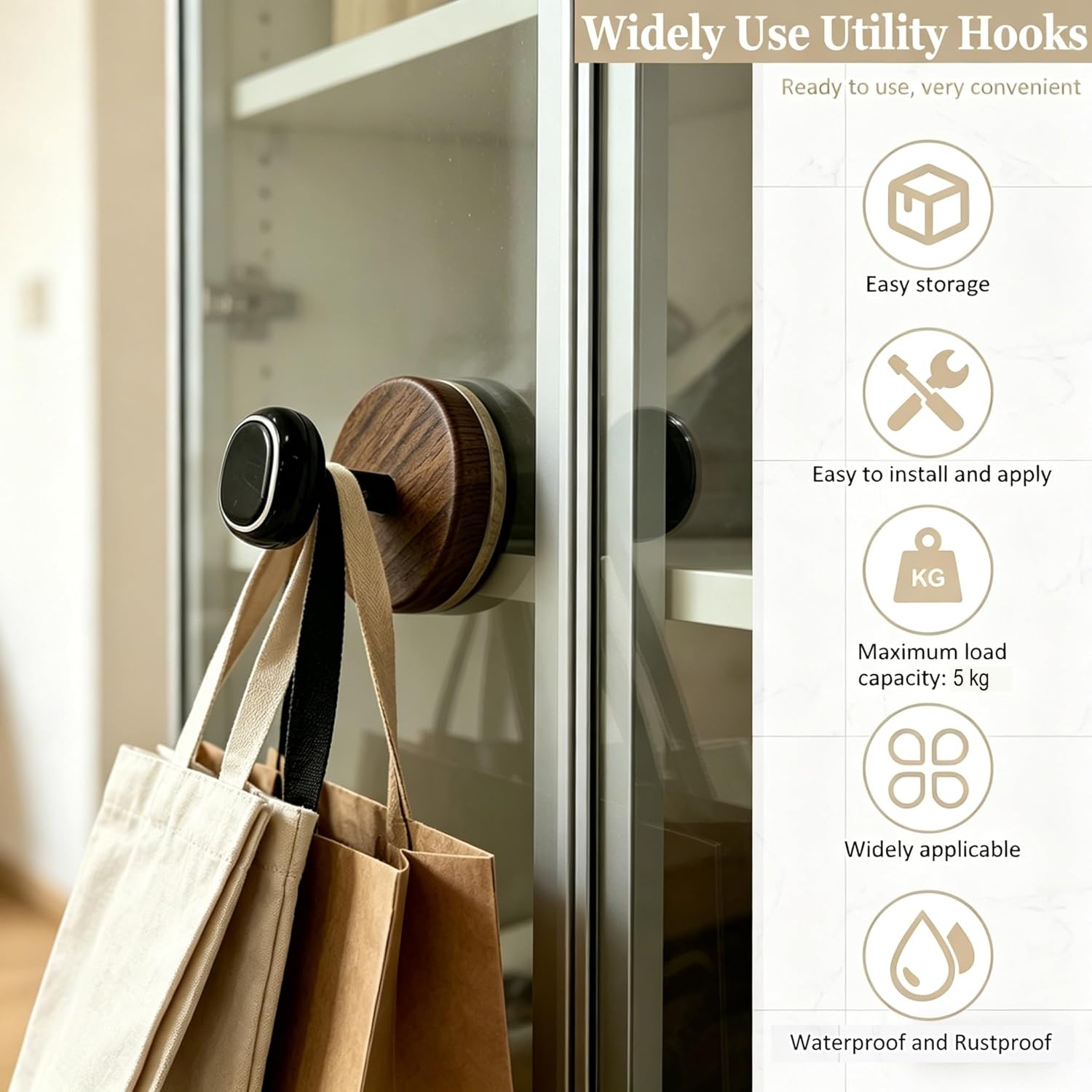 No Drill Suction Cup Hooks for Shower and Bathroom, Waterproof Wall Mounts Utility Hooks for Glass Doors, Tiles and Mirrors, Holds Towels,Robe,Coats and Accessories Up to 11 Lbs (Walnut,2 Pack)