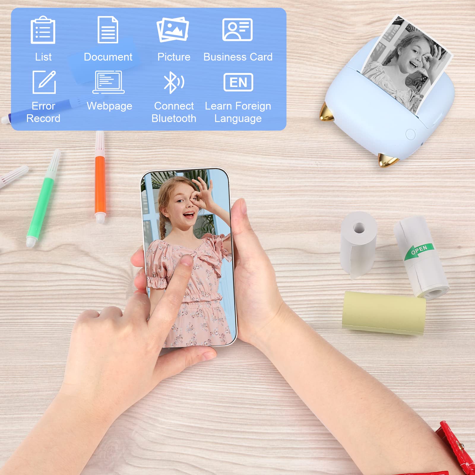 GuKKK Mini Stampante Fotografica, Mini Stampante Termica con LED colorati, Stampante Fotografica Istantanea Portatile, Mini Stampante Termica Bluetooth Ricarica USB, per Note, Diario, Elenco
