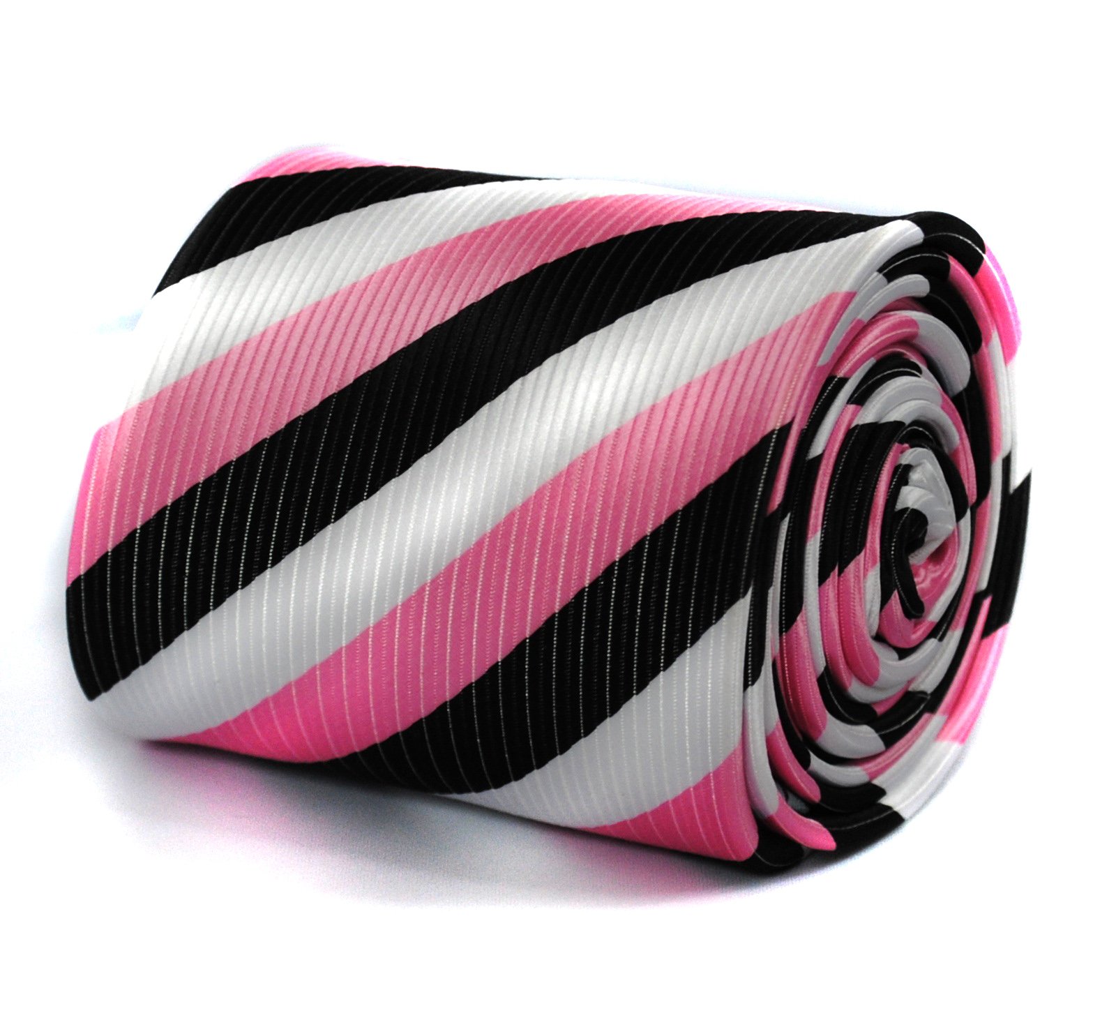 Frederick Thomas Pink Black and White Tri Stripe Tie with Signature Floral Design on Rear – Classic 8cm Width, Stylish Men’s Necktie Ideal for Office Wear, Formal Events, Weddings, Special Occasions