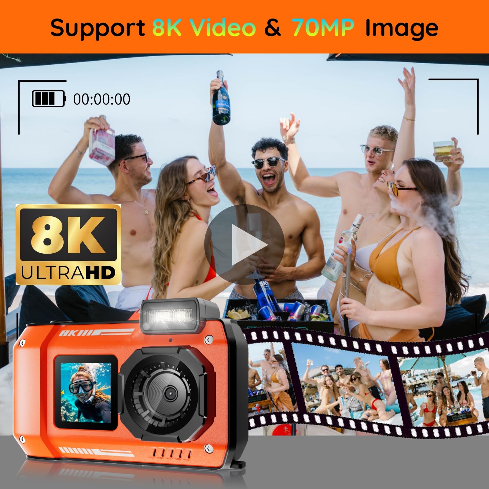 MaxMango Digitalkamera, 8K & 33FT Unterwasserkamera mit 64GB, 2.8'' Doppelte Bildschirme Selfie wasserdichte Staubdichte stoßfest Kompakte für Kinder Teenager Anfänger Erwachsene(Orange)