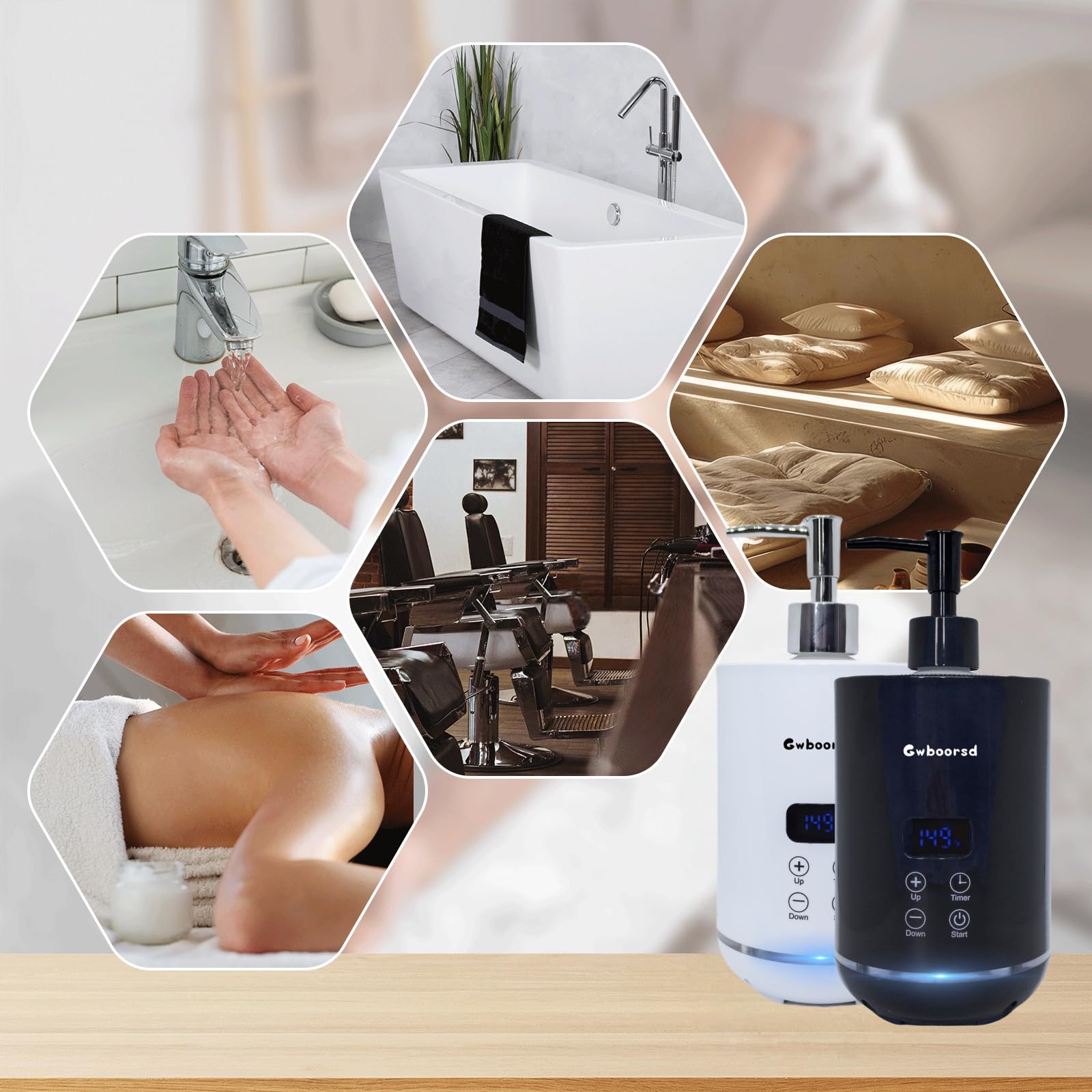 Podgrzewacz oleju do masażu, podgrzewacz oleju do masażu, balsam podgrzewacz oleju do spa, salonu i salonów fryzjerskich, z 2 dozownikami butelek oleju, z 1 białym lejkiem, nastrojowe światła