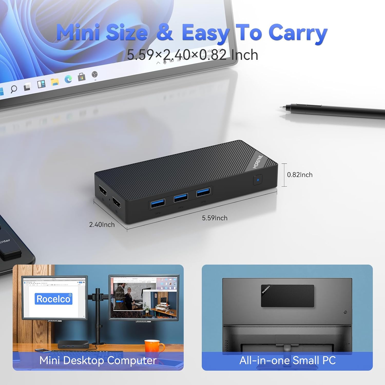 The MOREFINE Mini PC with dimensions overlaid, showing its compact size of 5.59 x 2.40 x 0.82 inches.