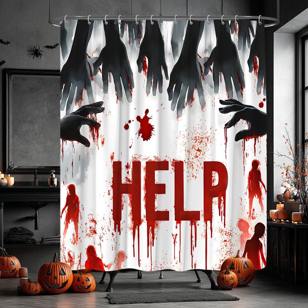 Halloween Horror Shower Curtain Spooky Silhouettes and Blood White and Red Help Scary Gothic Bath Curtain Fabric Bathroom Accessories Decor with Hooks 70W x90L