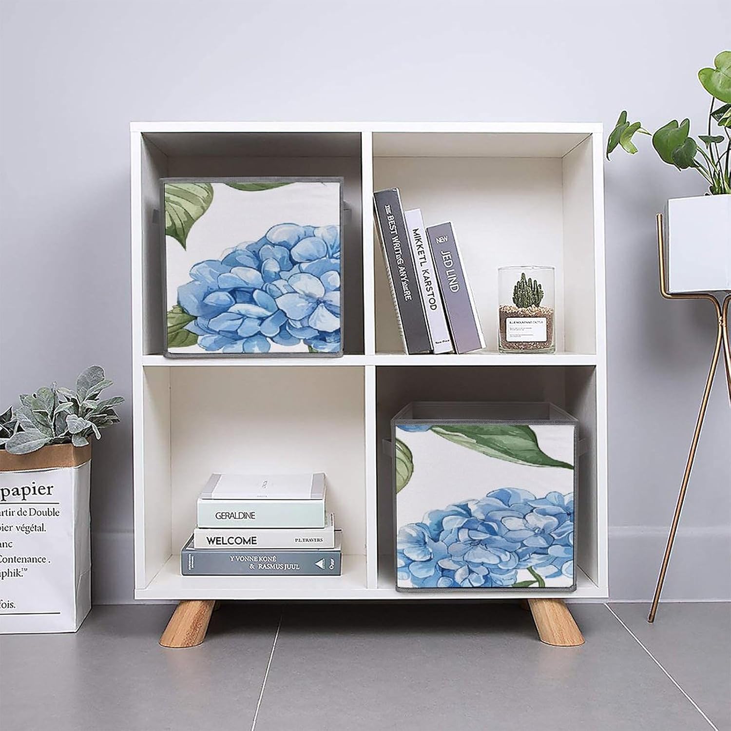 Multi Use Organizer Bins, Blue Hydrangea Pattern Printed Storage Bins, Foldable Storage Baskets Are Suitable For Bedrooms, Offices, And Cars