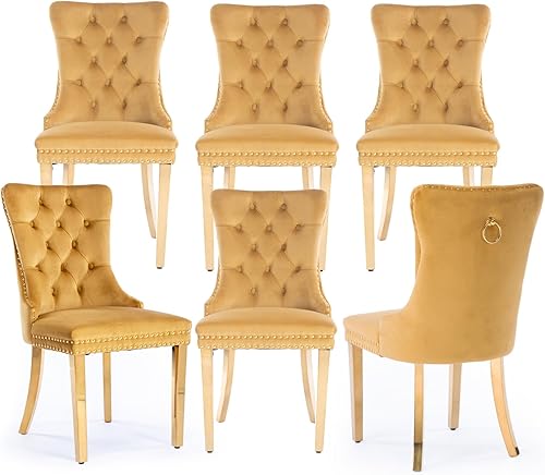Miniatura 94 de Juego de 6 Sillas de Comedor Tapizadas en Terciopelo, Sillas Laterales de Cocina de Estilo Moderno con Ribete de Tachuelas y Patas de Madera, Anillo