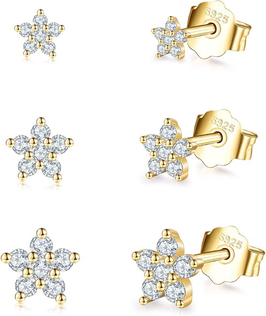 Silver Stud Earrings for Women Girls, Tiny Flower Stud Earrings Small 925 Sterling Silver Hypoallergenic Cubic Zirconia Helix Cartilage Earrings Piercing Sleeper Studs, 3mm/4mm/5mm
