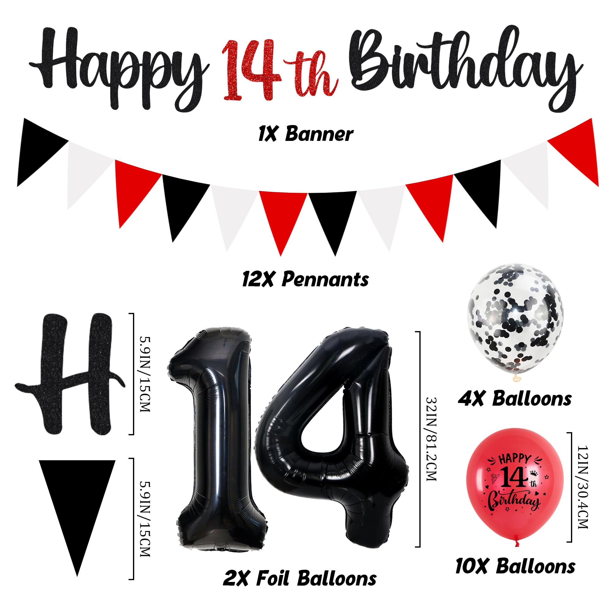 14th Birthday Decorations for Boys Girls - Black Red Glitter Happy 14th Birthday Letter Banner and Pennant Flags, Number 14 Foil Balloons and Hanging Swirls for 14 Years Old Children Party Supplies - 2