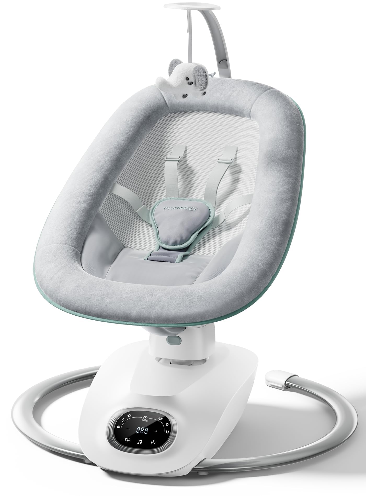 Momcozy CocoSway - Dondolo elettrico 3D-Motion per neonati e bambini, 6 modalità, 4 velocità, sedile girevole 180°, telecomando, lettini e altalene, 5 imbracature, 8 ninne, grigio