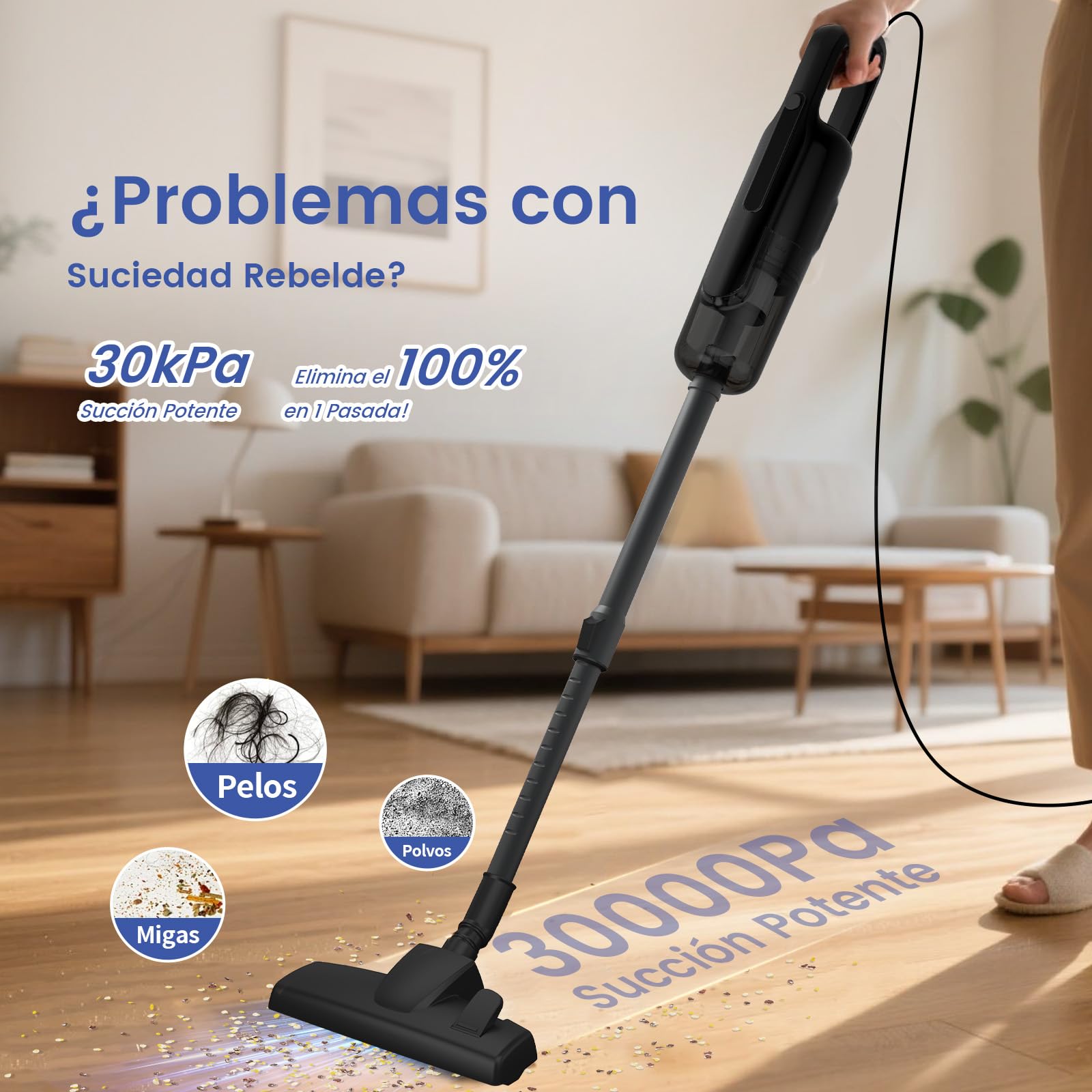 VersLife C8PRO Aspiradora con Cable 30KPA, Escoba Aspiradora de 5m, Potente y Ligera, Diseño Antienredos y Tubo Telescópico, para Pelos de Mascotas, Alfombras y Suelos
