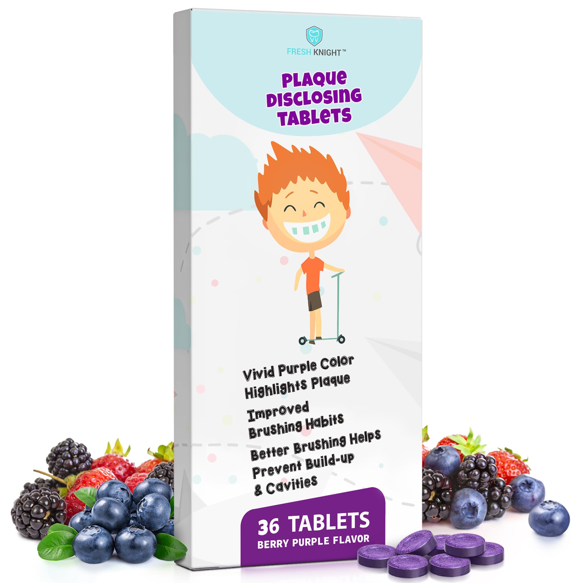 Plaque Disclosing Tablets for Teeth, 36 Count, Dental Disclosing Tablets for Kids or Adults, Shows Plaque, Helps Teach Kids Teeth-Brushing Habits for Clean Smile, by Fresh Knight, (Pack of 1)