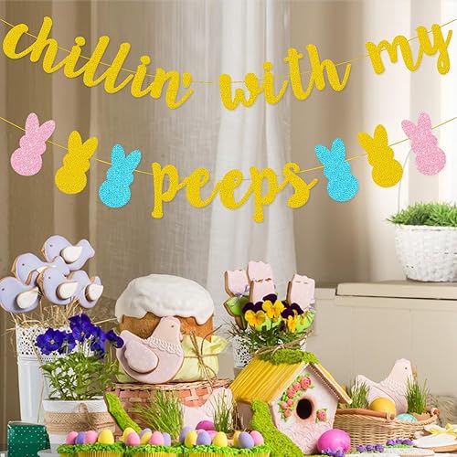 Miniatura 3 de Decoraciones de conejo de Pascua, pancarta de Chillin con mis píos, con purpurina dorada, huevo de Pascua, pollo, decoraciones de fiesta de feliz