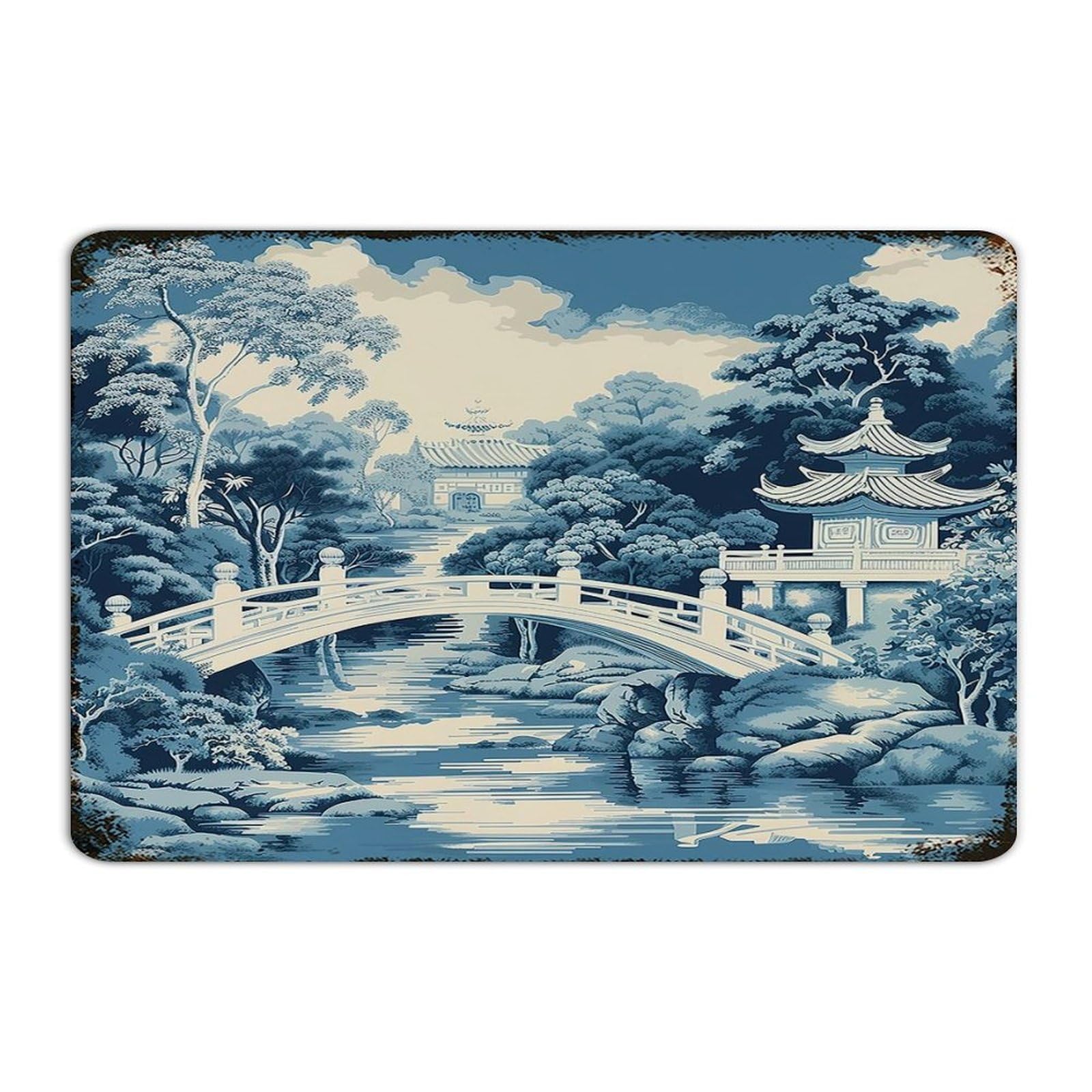 Panneau en métal pagode asiatique blanc et bleu chic pour décoration d'intérieur vintage