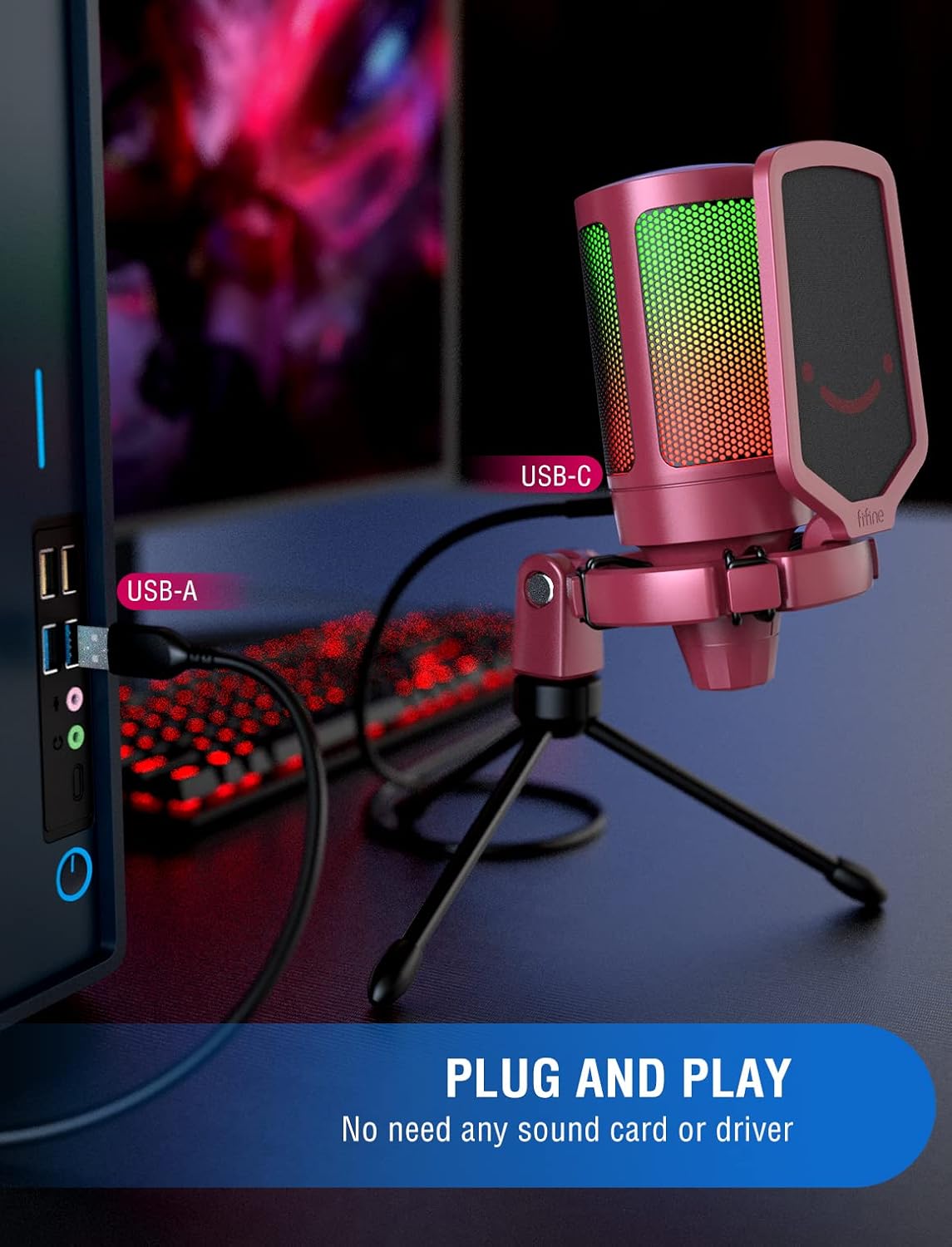 FIFINE USB Microphone and White Mic,AmpliGame PC Gaming Streaming RGB Microphone Compatible with Computer/PS4/PS5, for Podcasts, TikTok, Game Chat, Home Use-Red/White (A6R+A6W)