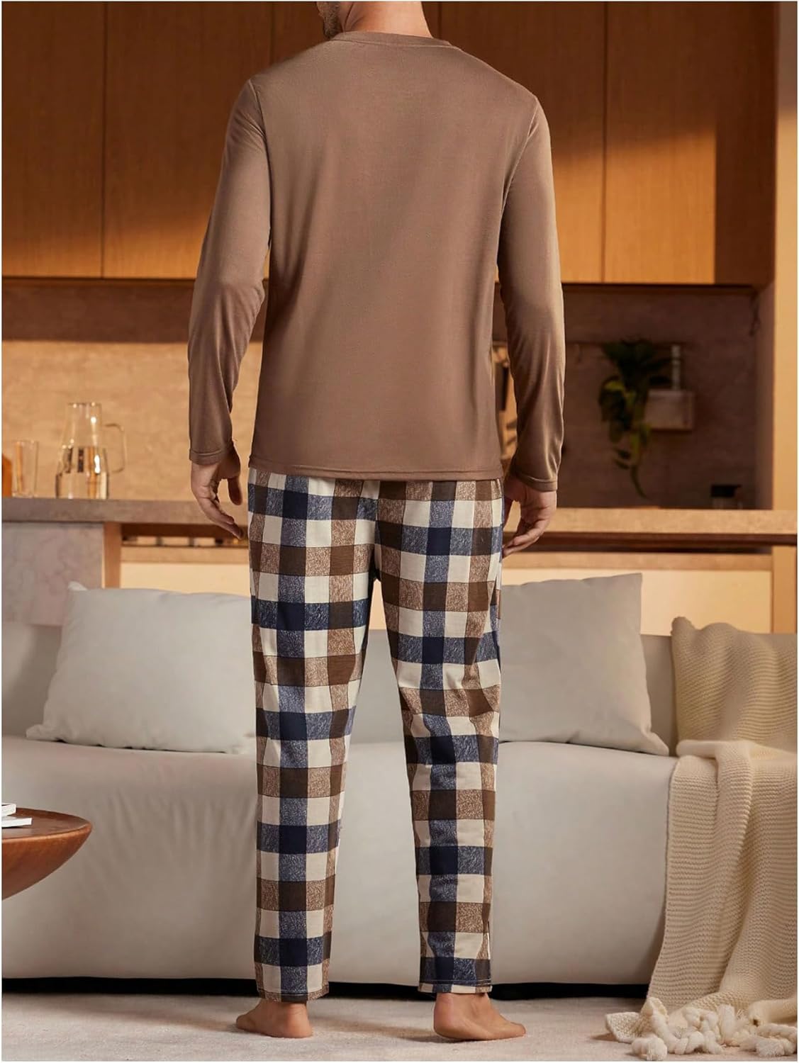 WDIRARA Men's 2 Piece Pajama Sets Long Sleeve Sleepwear Plaid Pants Pjs Set - Image 3