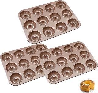 3 Pack Mini Bundt Cake Pan, 12-Cavity Non-Stick Mini Fluted Tube Cake Pans, 10 x 7.7 x 0.8 Inch Carbon Steel Doughnut Pan, Bundtinis Petite Fluted Cake Pan