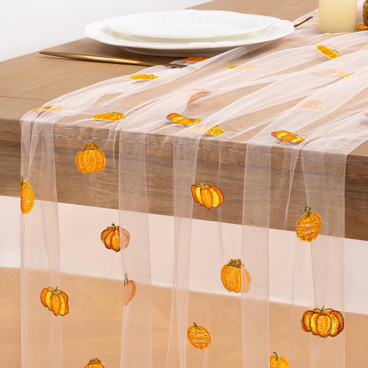 Pumpkin Embroidery Fall Table Runner White Sheer Tulle Table Runner, 3PC
