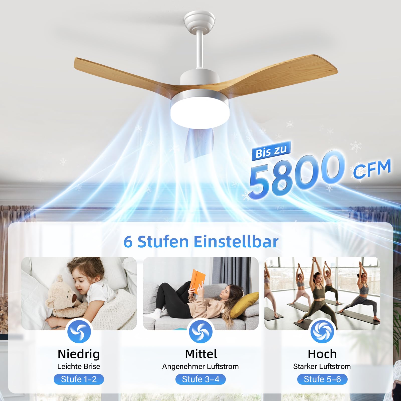 EppieBasic Ventilateur de Plafond avec Lumière LED 3000LM 132cm Moteur DC Silencieux Télécommande 6 Vitesses 3 Pales Bois Design Moderne