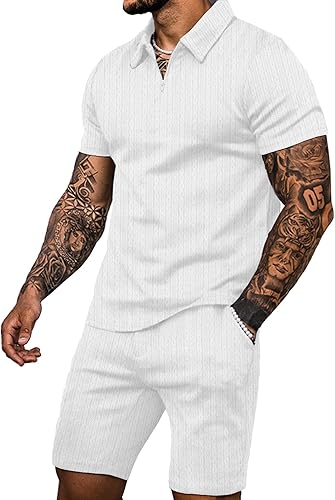 Miniatura 1 de JoZorro Conjunto de camisa polo y pantalones cortos para hombre, conjunto de chándal a la moda, casual, de verano, 2 piezas para hombre