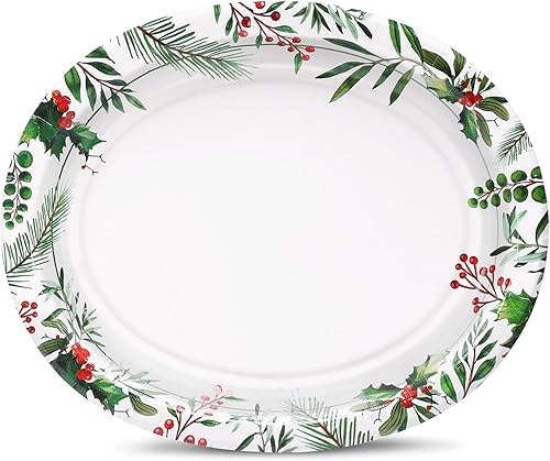 Miniatura 2 de VEIZEDD 50 platos ovalados de papel de 12 x 10 pulgadas, suministros de fiesta de Navidad verde y rojo, grandes platos desechables para vacaciones,