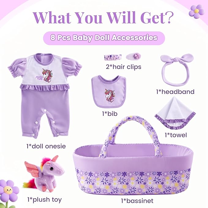 BABESIDE 8 Pcs Reborn Baby Doll Clothes & Bassinet for 17-22 Inch Dolls