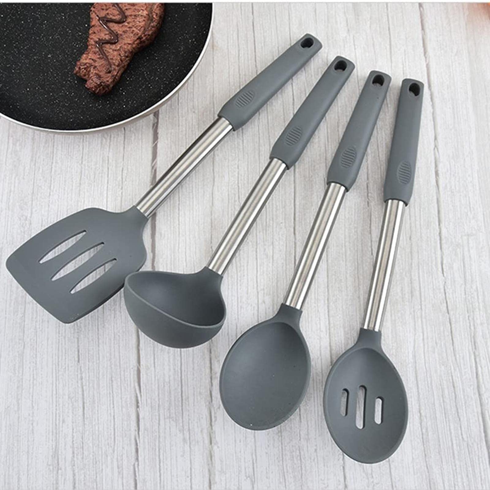 El Mejor Juego de Utensilios de Cocina de Silicona con Mango de Acero Inoxidable, espátula, Cuchara para Sopa, Cepillo, Cuchara, colador de Pasta, Utensilios de Cocina antiadherentes