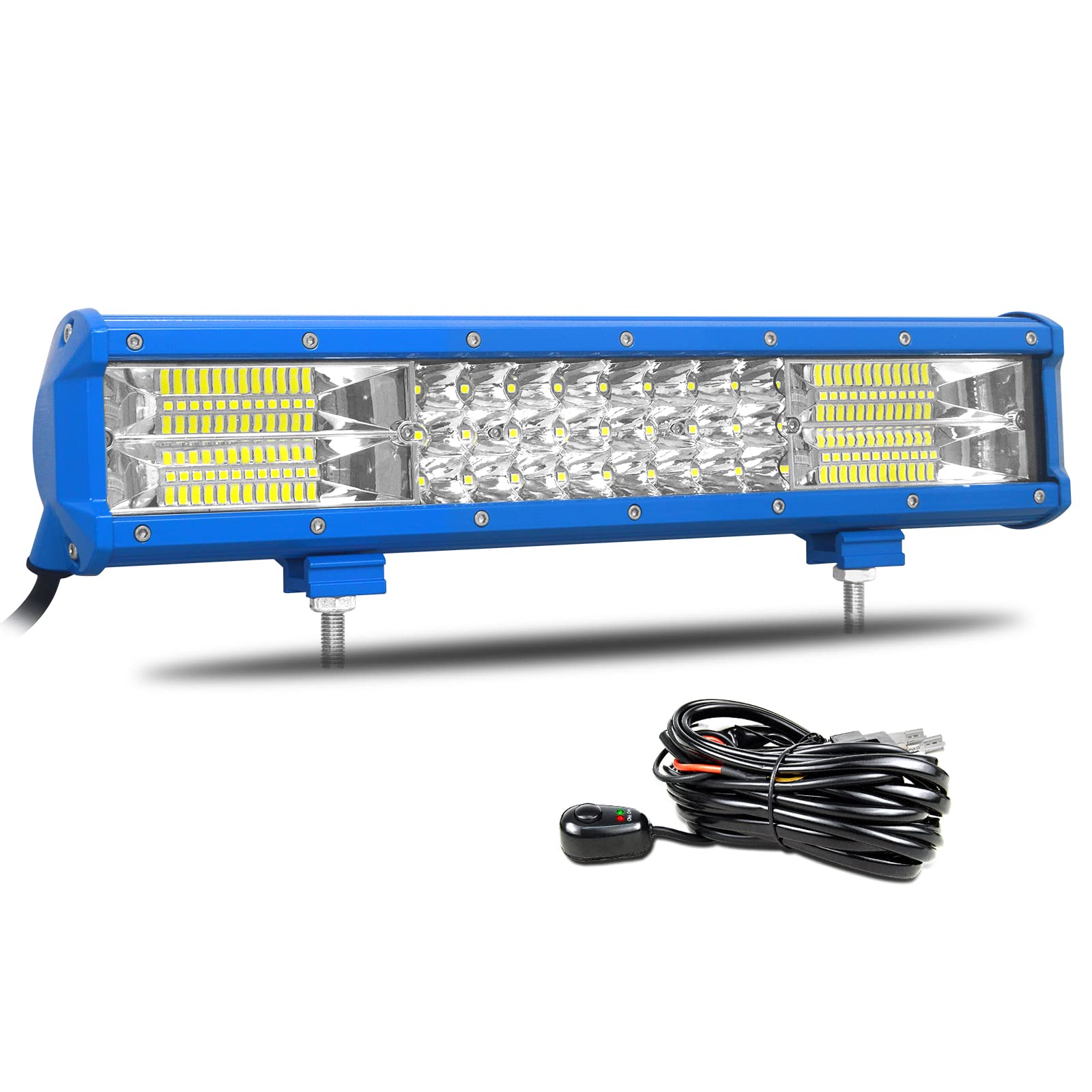 SKYWORLD 38cm 216W LED Arbeitsscheinwerfer Bar Blau LED Scheinwerfer 12V 24V 6000K Flutlicht Reflektor Combo Arbeitslicht Zusatzscheinwerfer mit Kabelbaum für Auto Offroad Traktor SUV UTV ATV