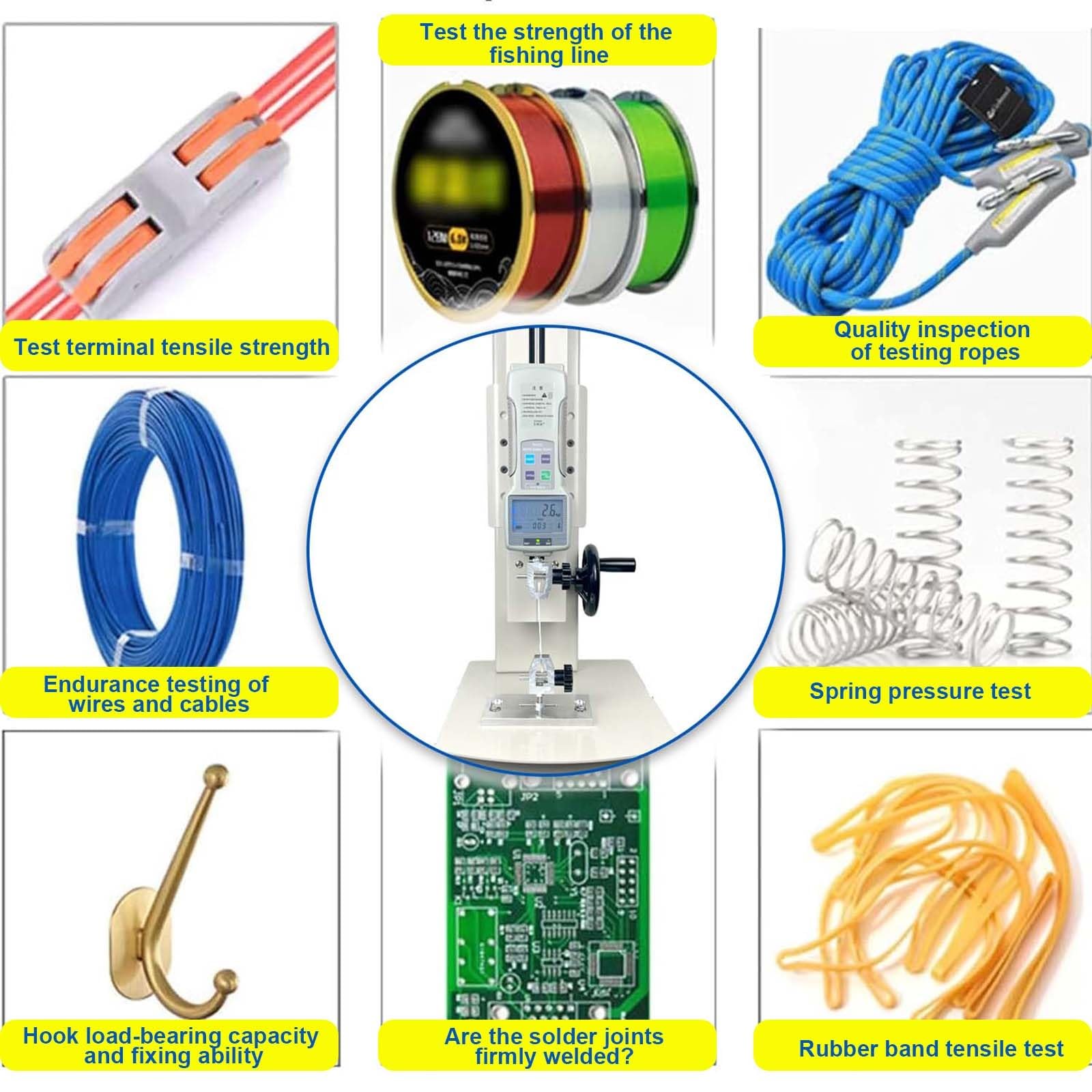 Digitale Zugprüfmaschine, Push-Pull-Messgerät mit übersichtlichem Display | Von 10–2000 N Kapazität, 270 mm Hub, Handradbedienung for Druck- und Zugtests, USB-Datenexport