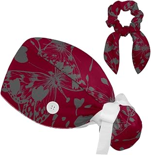 Set of 2 Bouffant Caps with Hairband Surgical Caps Scrub Cap, Butterfly and Flower